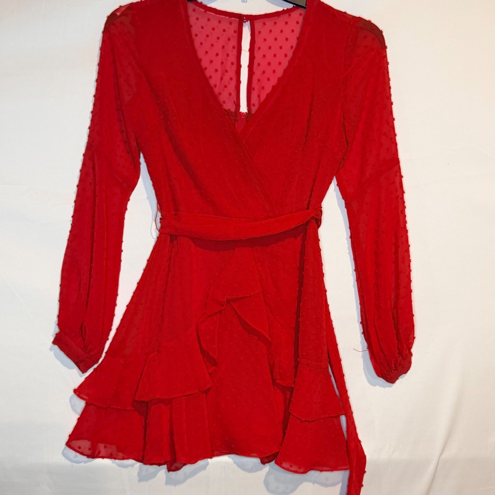 B. Smart Red Swiss Dot Ruffle Mini Dress Long Sleeve V-Neck Size 1 J6PDV476